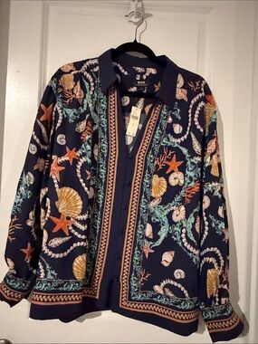 Navy Shell & Starfish Print Button-Front Jacket